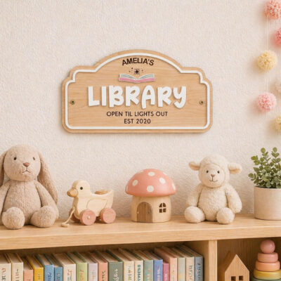 Personalised Pink/White Kids Library Sign